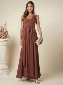 SHEIN Belle Ruched Ruffle Trim Dress - Rust Brown - View 1