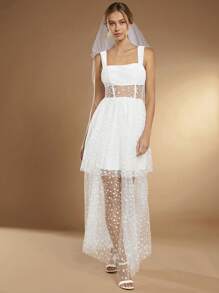 SHEIN Belle 波點網紗覆蓋婚紗洋裝不附面紗 - 白色 - 查看 7