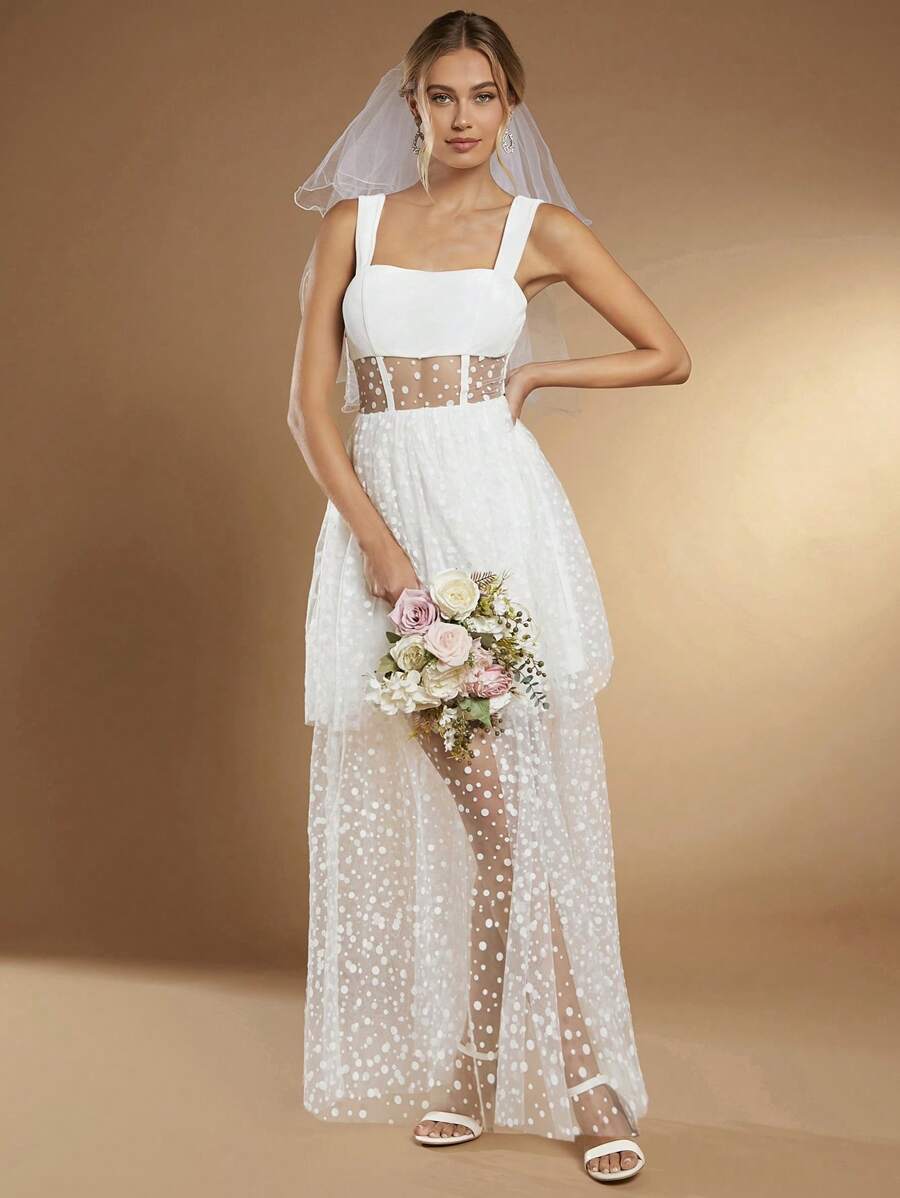 SHEIN Belle 波點網紗覆蓋婚紗洋裝不附面紗 - 白色 - 查看 1