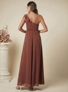 SHEIN Belle Ruched Ruffle Trim Dress - Rust Brown - View 2