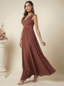 SHEIN Belle Ruched Ruffle Trim Dress - Rust Brown - View 5