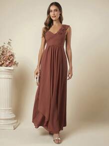 SHEIN Belle Ruched Ruffle Trim Dress - Rust Brown - View 6