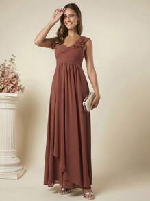 SHEIN Belle Ruched Ruffle Trim Dress - Rust Brown - View 8