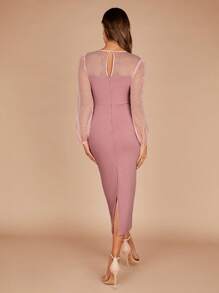 SHEIN Belle 網紗拼接燈籠袖後背開衩伴娘洋裝 - 藕粉色 - 查看 2