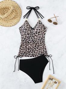 豹紋束邊領口連帶式泳裝背心 - 彩色 - 查看 3