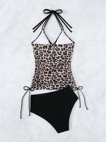 豹紋束邊領口連帶式泳裝背心 - 彩色 - 查看 4