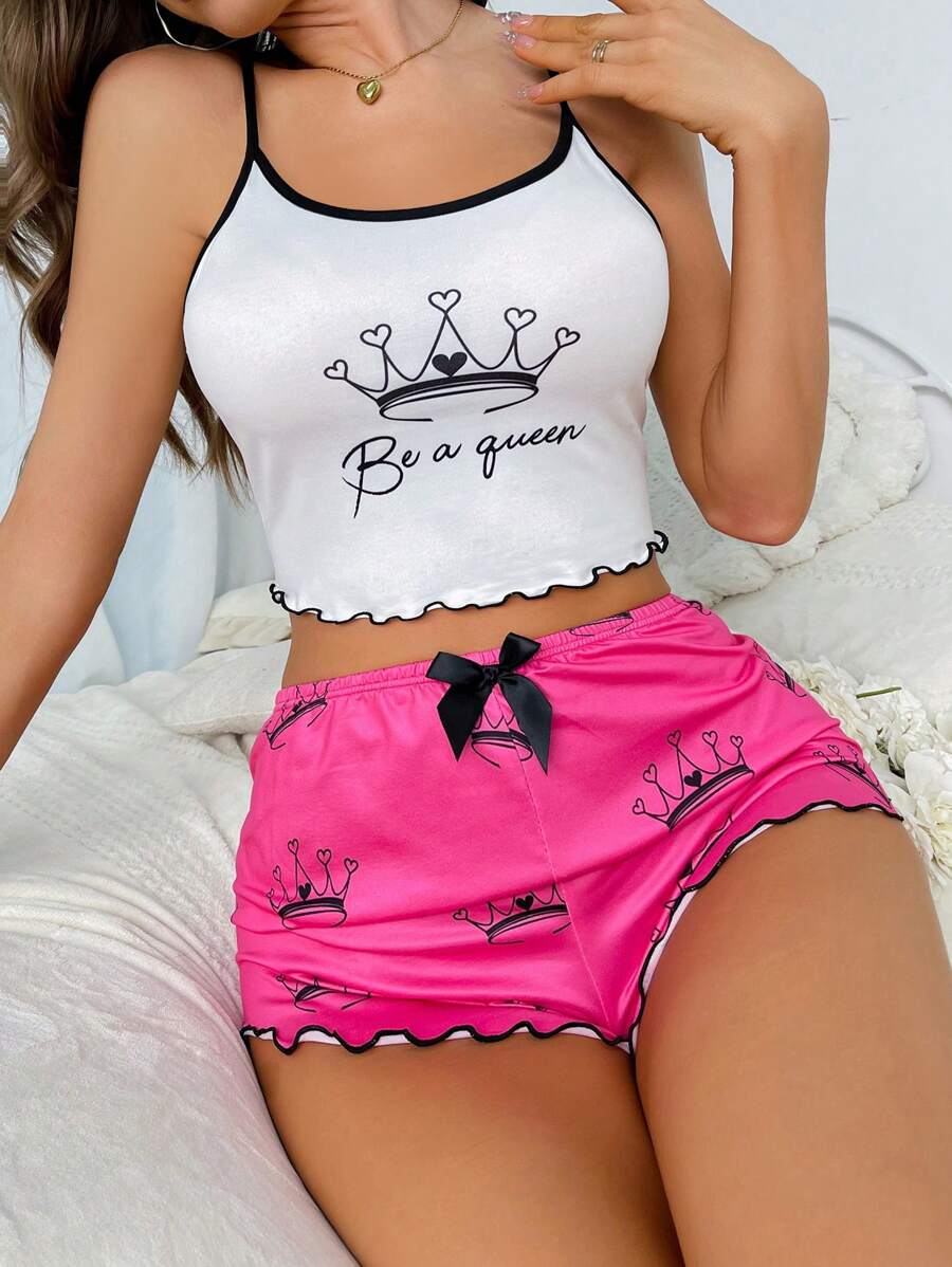 Letter Graphic Contrast Binding Lettuce Trim Cami Top & Shorts PJ Set / Pajama Set - Hot Pink - View 1
