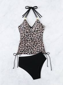 豹紋束邊領口連帶式泳裝背心 - 彩色 - 查看 6