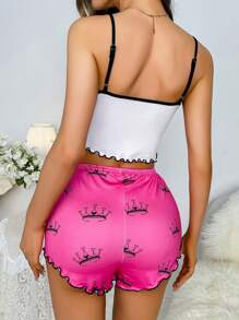 Letter Graphic Contrast Binding Lettuce Trim Cami Top & Shorts PJ Set / Pajama Set - Hot Pink - View 2