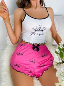 Letter Graphic Contrast Binding Lettuce Trim Cami Top & Shorts PJ Set / Pajama Set - Hot Pink - View 6