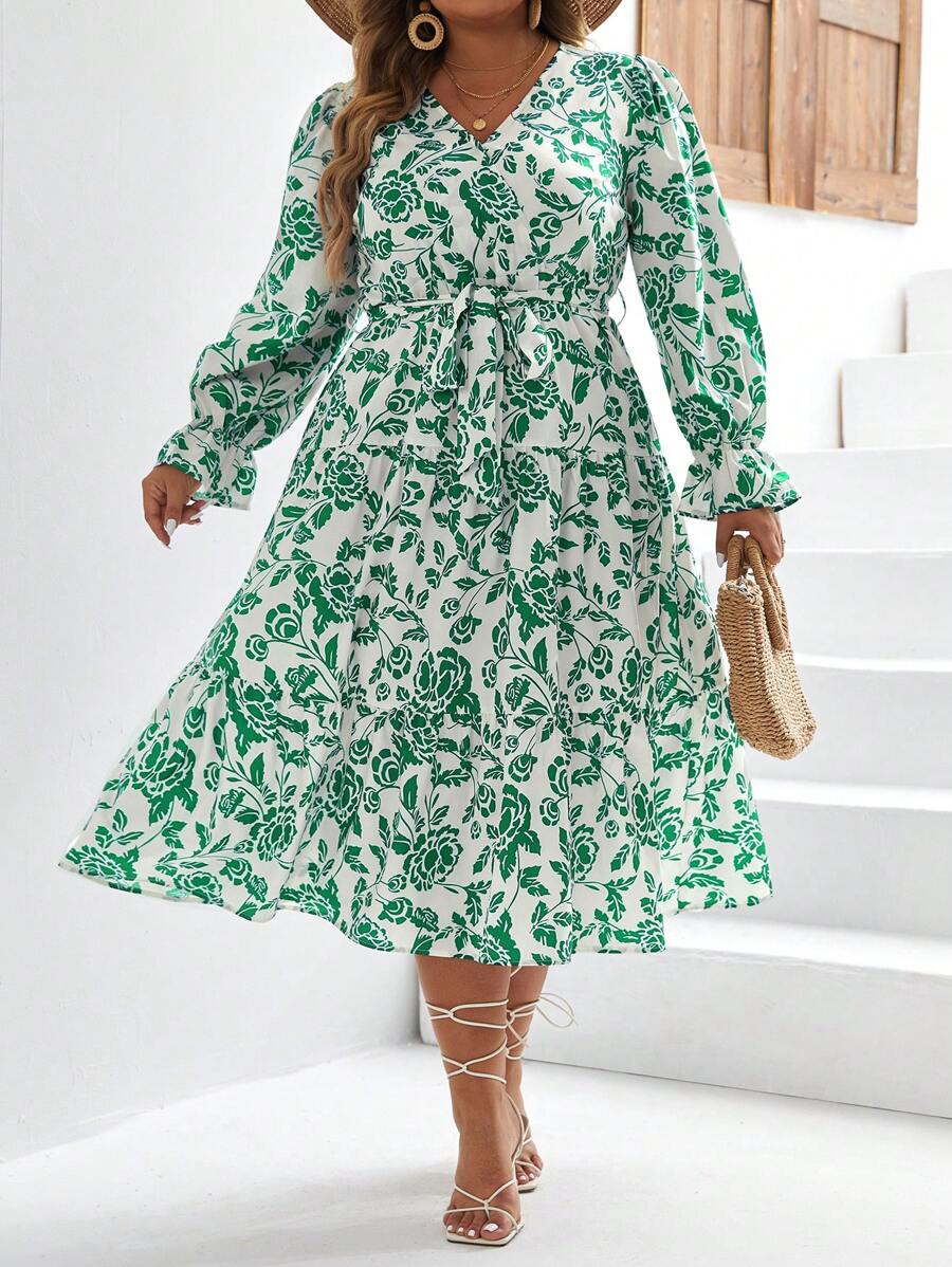 SHEIN Frenchy 大碼滿版印花喇叭袖繫腰帶洋裝 - 綠色 - 查看 1