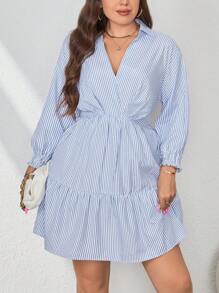 SHEIN Essnce Plus Striped Print Ruffle Hem Dress - Blue and White - View 4