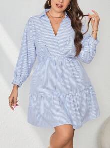SHEIN Essnce Plus Striped Print Ruffle Hem Dress - Blue and White - View 1