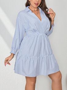 SHEIN Essnce Plus Striped Print Ruffle Hem Dress - Blue and White - View 5
