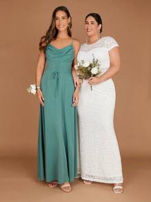 SHEIN Belle 1pc Draped Collar Lace Up Front Cami Dress - Cadet Blue - View 3