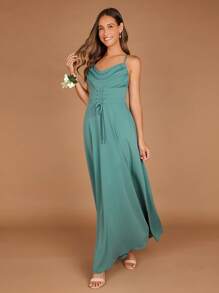 SHEIN Belle 1pc Draped Collar Lace Up Front Cami Dress - Cadet Blue - View 4