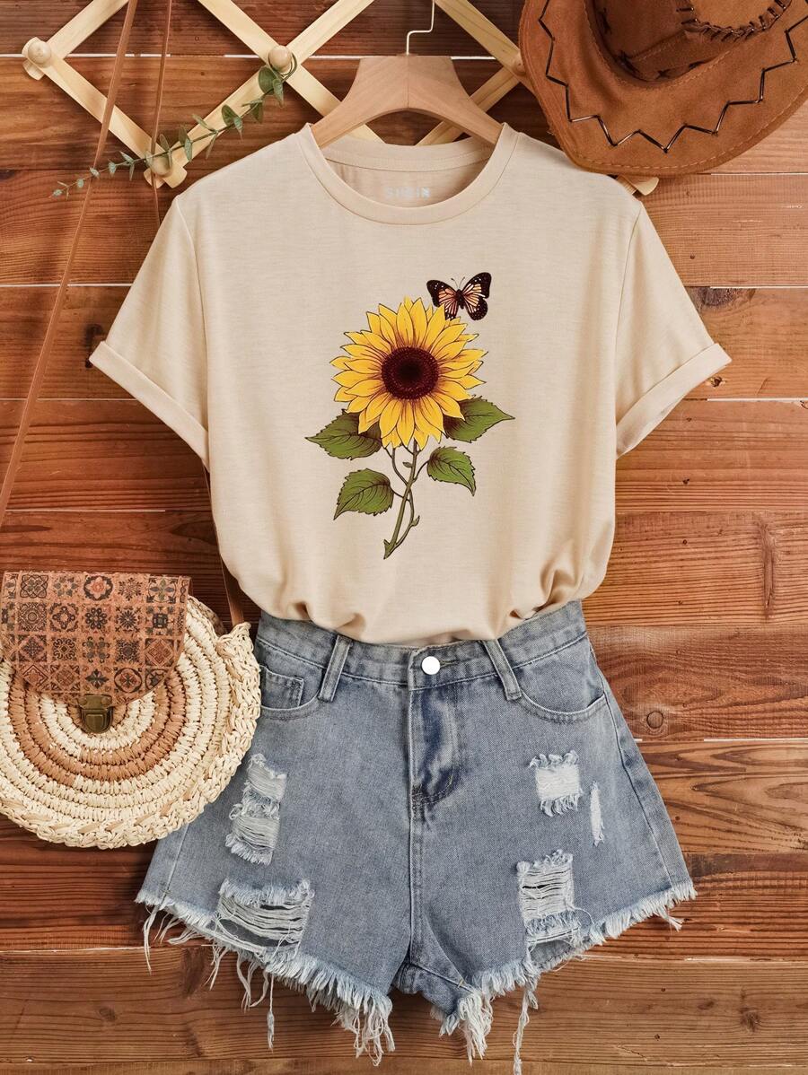 INAWLY 向日葵和蝴蝶印花 T 恤 图案 T 恤 女式上衣 - 杏色 - 查看 1