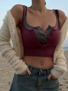 DAZY Chất rắn Nút phía trước Top Cây trồng Không có áo Top Cami - Màu Đỏ Sâu - Xem 1
