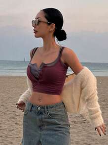 DAZY Chất rắn Nút phía trước Top Cây trồng Không có áo Top Cami - Màu Đỏ Sâu - Xem 2