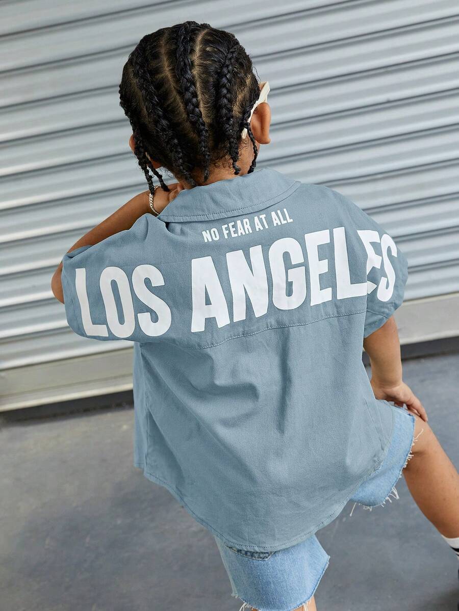 SHEIN Chàng trai trẻ Đồ họa Chữ cái tay cánh Áo sơ mi - Màu xanh bụi bặm - Xem 1