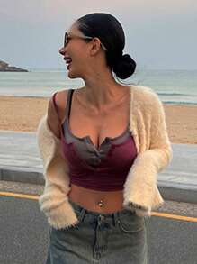 DAZY Chất rắn Nút phía trước Top Cây trồng Không có áo Top Cami - Màu Đỏ Sâu - Xem 6