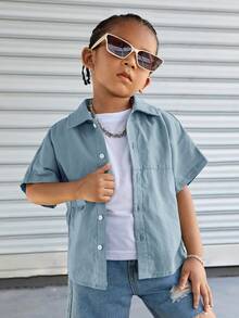 SHEIN Chàng trai trẻ Đồ họa Chữ cái tay cánh Áo sơ mi - Màu xanh bụi bặm - Xem 2