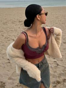 DAZY Chất rắn Nút phía trước Top Cây trồng Không có áo Top Cami - Màu Đỏ Sâu - Xem 7