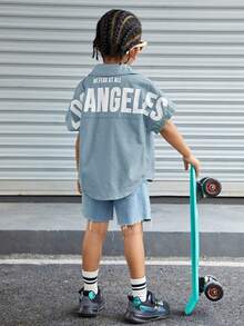 SHEIN Chàng trai trẻ Đồ họa Chữ cái tay cánh Áo sơ mi - Màu xanh bụi bặm - Xem 4