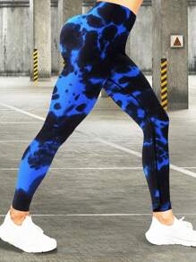 紮染寬腰帶運動打底褲 - 藍色 - 查看 2