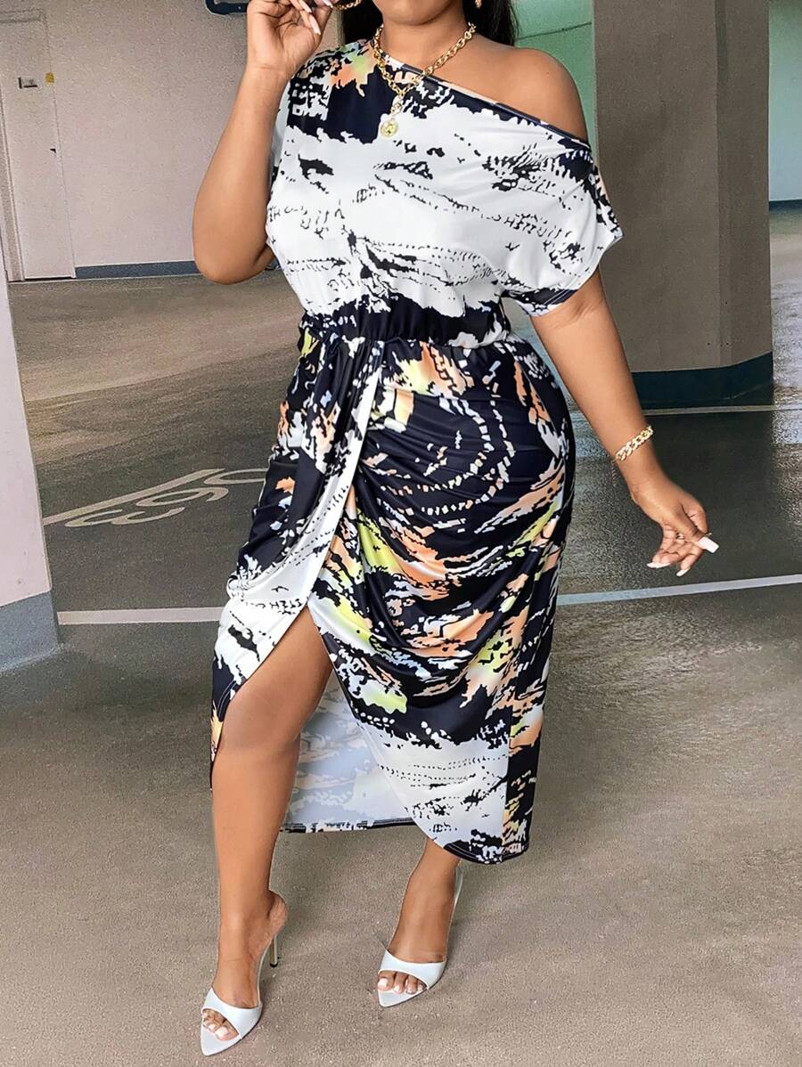 Slaydiva Hơn Nhuộm buộc Cổ không đối xứng tay cánh Váy Wrap Hem - Nhiều màu - Xem 1