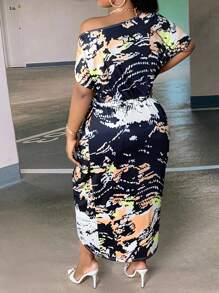 Slaydiva Hơn Nhuộm buộc Cổ không đối xứng tay cánh Váy Wrap Hem - Nhiều màu - Xem 2