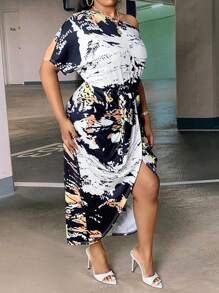 Slaydiva Hơn Nhuộm buộc Cổ không đối xứng tay cánh Váy Wrap Hem - Nhiều màu - Xem 4