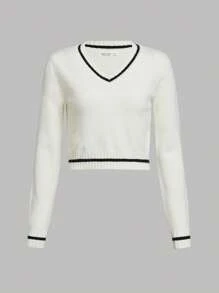 SHEIN Teen Girl Long-sleeve Color Block Pullover With V-neckline And Relaxed Fit - Beige - View 1