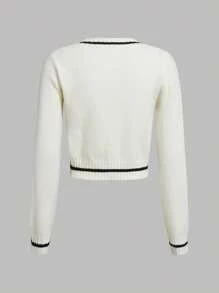 SHEIN Teen Girl Long-sleeve Color Block Pullover With V-neckline And Relaxed Fit - Beige - View 2