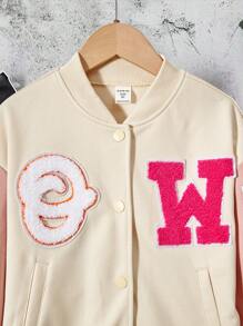 SHEIN 女大童字母圖案條紋飾邊落肩袖夾克無連帽衫 - 彩色 - 查看 3