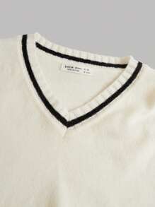 SHEIN Teen Girl Long-sleeve Color Block Pullover With V-neckline And Relaxed Fit - Beige - View 6