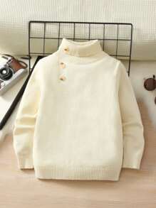 SHEIN 青少年男孩休閒高領套頭毛衣，長袖 - 米色 - 查看 1