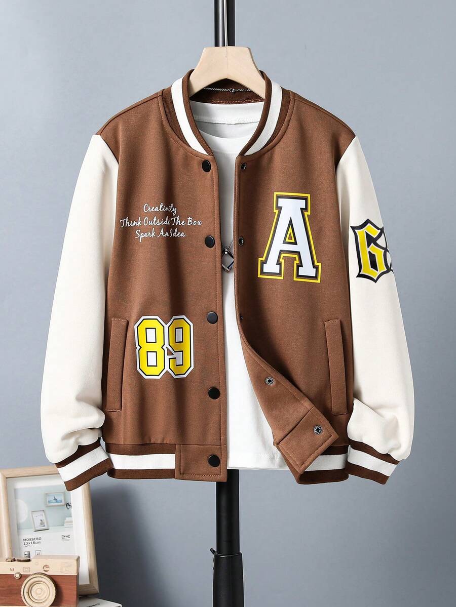 Chico preadolescente 1 pieza Cazadora de universidad con estampado de slogan de dos tonos - Camel - Ver 1