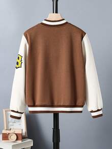 Chico preadolescente 1 pieza Cazadora de universidad con estampado de slogan de dos tonos - Camel - Ver 2