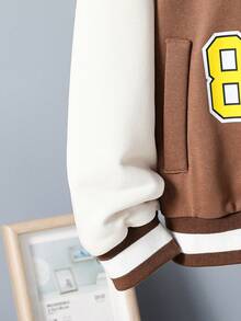 Chico preadolescente 1 pieza Cazadora de universidad con estampado de slogan de dos tonos - Camel - Ver 5