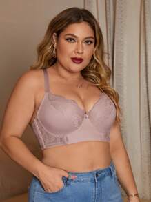 Plus Contrast Lace Underwire Bra - Dusty Pink - View 1