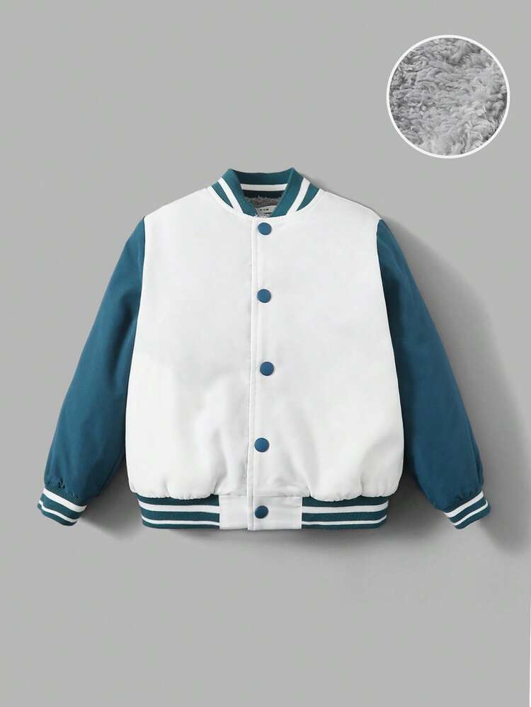 Young Boy Slogan & Dinosaur Print Striped Trim Two Tone Thermal Varsity Jacket