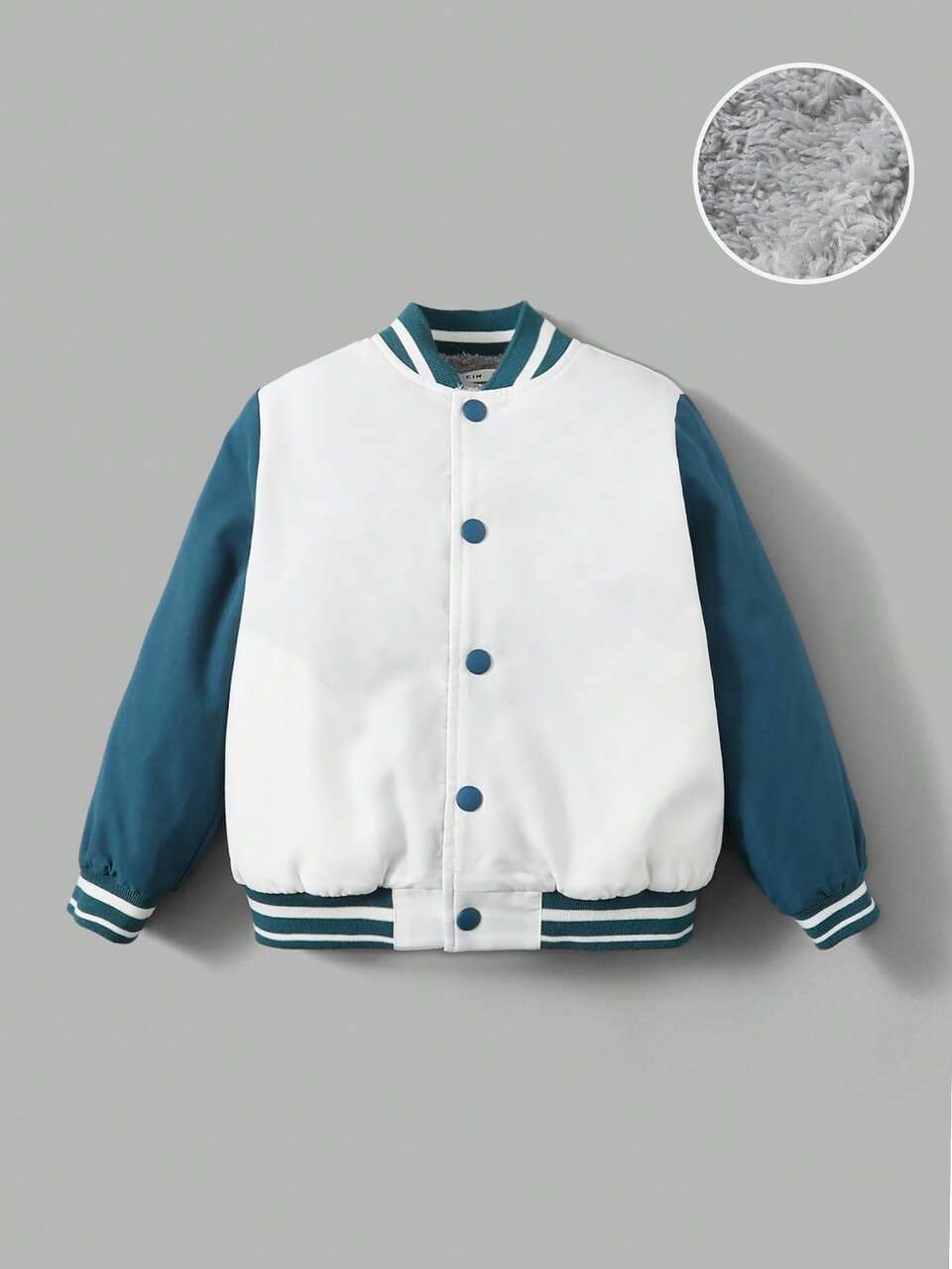 Young Boy Slogan & Dinosaur Print Striped Trim Two Tone Thermal Varsity Jacket