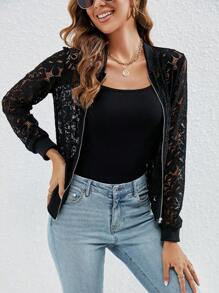 SHEIN Clasi Cazadora tipo bomber con cremallera con encaje - Negro - Ver 3