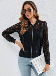 SHEIN Clasi Cazadora tipo bomber con cremallera con encaje - Negro - Ver 5