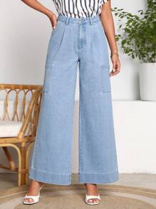 SHEIN LUNE Pocket Patched Wide Leg Jeans - Light Wash - View 2