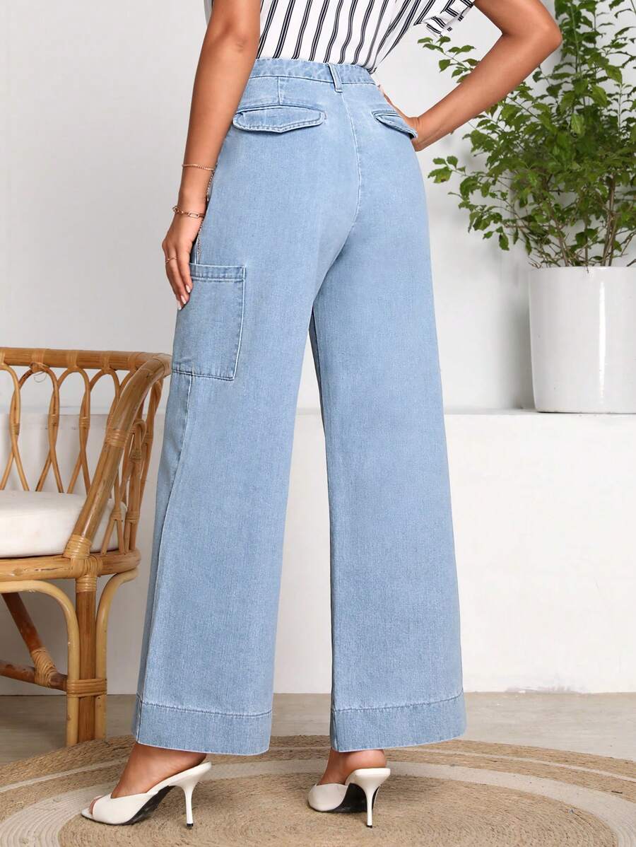SHEIN LUNE Pocket Patched Wide Leg Jeans - Light Wash - View 1