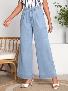 SHEIN LUNE Pocket Patched Wide Leg Jeans - Light Wash - View 3