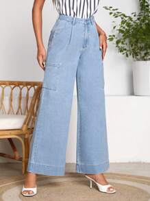 SHEIN LUNE Pocket Patched Wide Leg Jeans - Light Wash - View 4