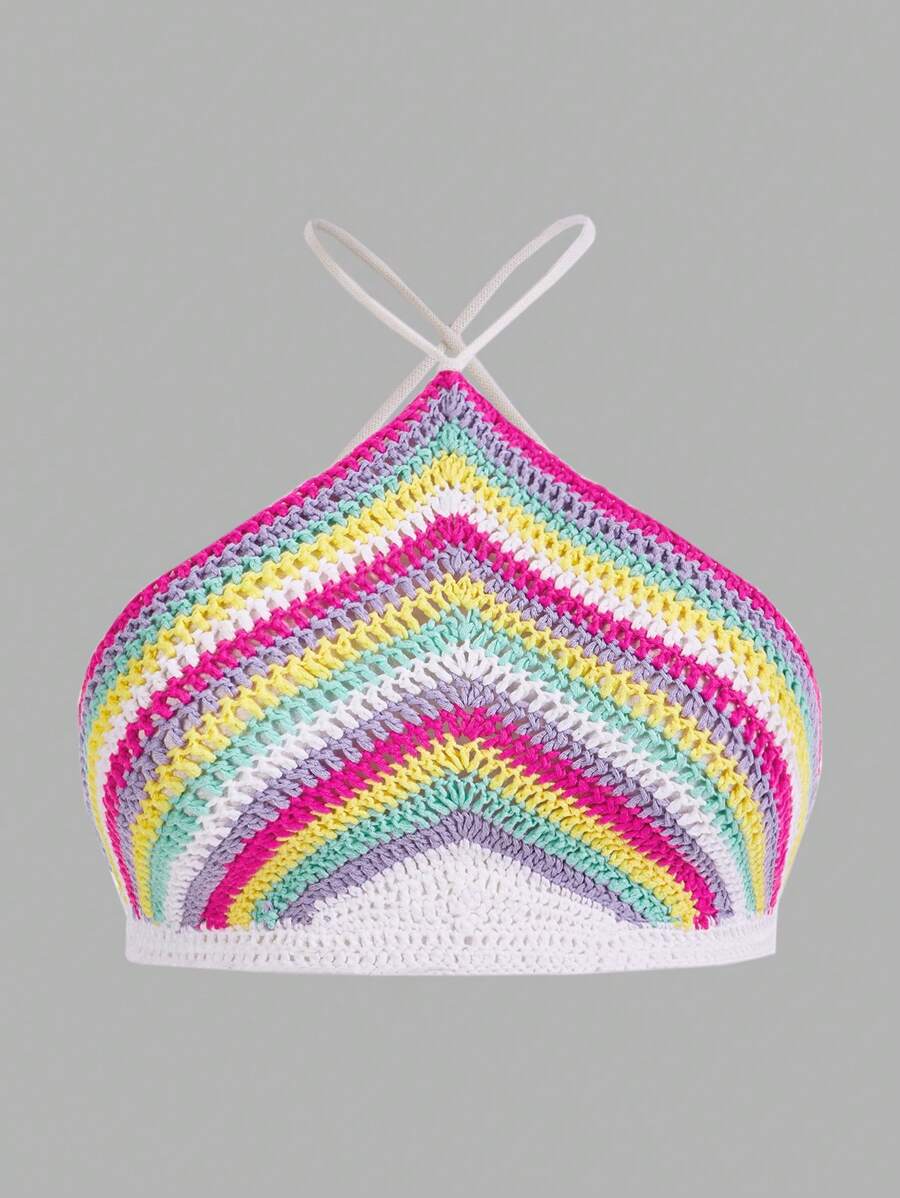SHEIN Qutie Plus Colourblock Tie Backless Halter Knit Top - Multicolor - View 1